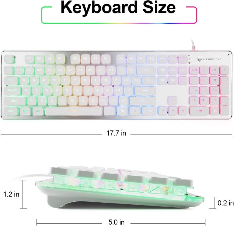 LANGTU Membrane Gaming Keyboard, Rainbow LED Backlit Quiet Keyboard for Office, USB Wired All-Metal Panel 25 Keys Anti-ghosting Computer Keyboard 104 Keys - L1 White/Silver - Image 5